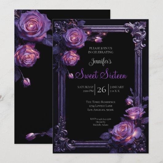 Invitation Sweet 16 gothique floral pourpre (Devant / Derrière)