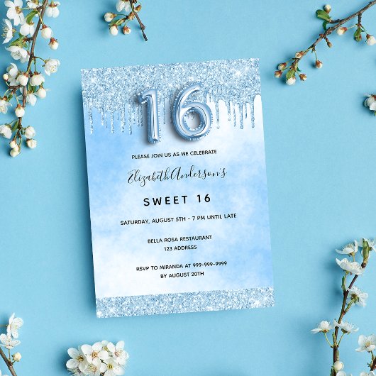 Invitation Sweet 16 gouttes de parties scintillant bleu clair