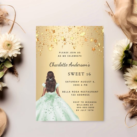 Invitation Sweet 16 greeb étoiles robe or