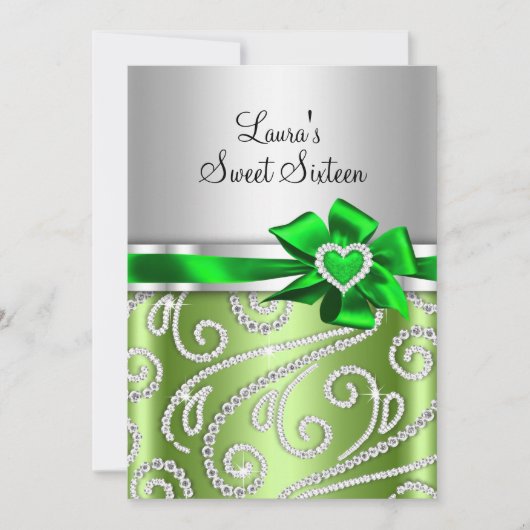 Invitation Sweet 16 Green Bow & Sparkle Diamond Annonce (Devant)