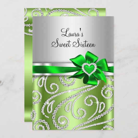 Invitation Sweet 16 Green Bow & Sparkle Diamond Annonce (Devant / Derrière)