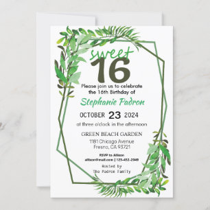 Invitation Sweet 16 Greenery Géométrique Moderne 16e annivers