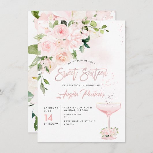 Invitation Sweet 16 H2 Blush Anthuriums Rose pivoines (Devant / Derrière)