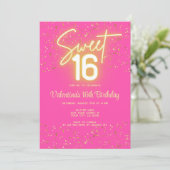 Invitation  Sweet 16 Hot Pink Neon Glow Gold Glitter Birthday (Debout devant)