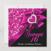 Invitation Sweet 16 Hot rose Coeur Bow Black Party (Devant)