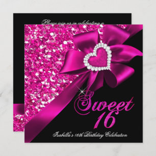 Invitation Sweet 16 Hot rose Coeur Bow Black Party