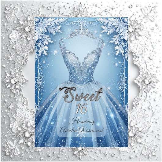 Invitation Sweet 16 Icy Blue Silver Winter Frost Snowflakes