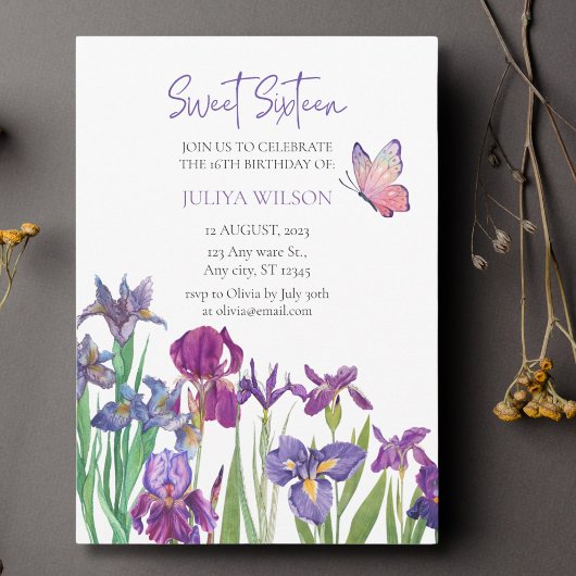 Invitation Sweet 16 iris calligraphie de fleur