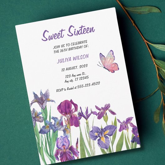 Invitation Sweet 16 Iris fleur violet Anniversaire