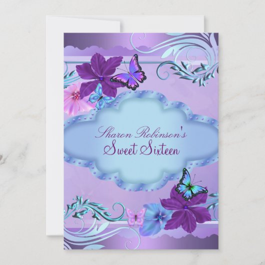 Invitation Sweet 16 Jardin Papillon Rose et Bleu (Devant)