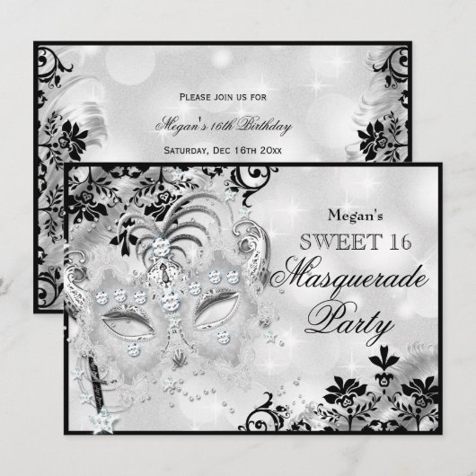 Invitation Sweet 16 Jewel Masque & Damask Argent Masquerade (Devant / Derrière)