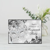 Invitation Sweet 16 Jewel Masque & Damask Argent Masquerade (Debout devant)