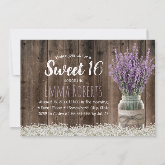 Invitation Sweet 16 Lavande Rustique Jar Floral Élégant Bois (Devant)