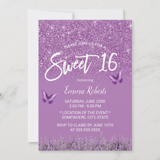 Invitation Sweet 16 Lavender Faux Parties scintillant moderne (Devant)