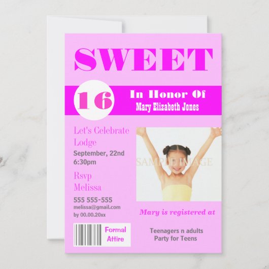 Invitation Sweet 16 magazine photo PERSONNALISER (Devant)