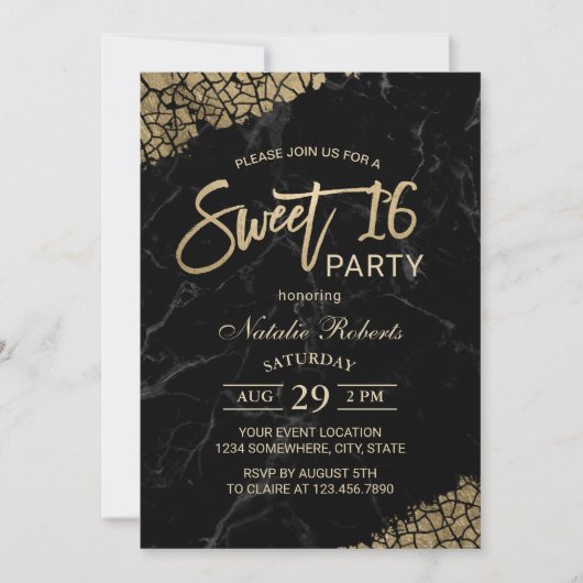 Invitation Sweet 16 Marbre noir moderne & Typographie Or (Devant)