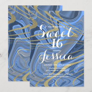 Invitation Sweet 16 Marbre Quince Liquide Bleu Faux Or