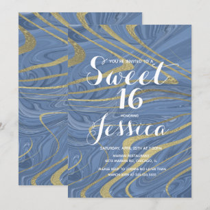 Invitation Sweet 16   Marbre Quince Liquide Bleu Faux Or
