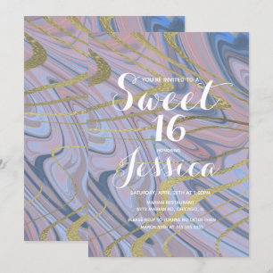 Invitation Sweet 16   Marbre Quince Liquide Bleu Rose
