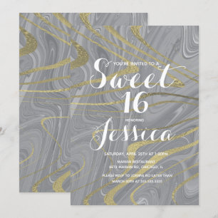 Invitation Sweet 16 Marbre Quince Liquide Gris Faux Or