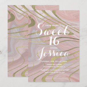 Invitation Sweet 16   Marbre Quince Liquide Rose Faux Or