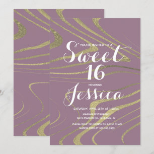 Invitation Sweet 16   Marbre Quince Violet Faux Or Zèbre