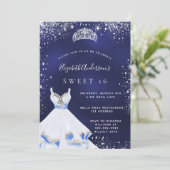 Invitation Sweet 16 marine bleu argent robe de parties scinti (Debout devant)
