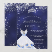 Invitation Sweet 16 marine bleu argent robe de parties scinti (Devant / Derrière)
