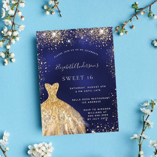 Invitation Sweet 16 marine bleu robe or luxe