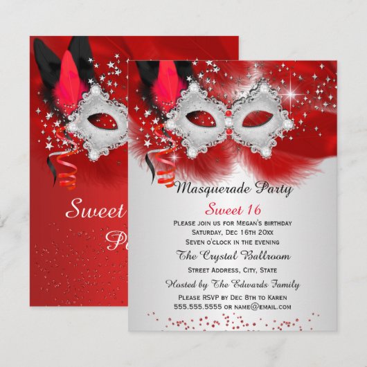 Invitation Sweet 16 Masque de dentelle Rouge Argent Masquerad (Devant / Derrière)