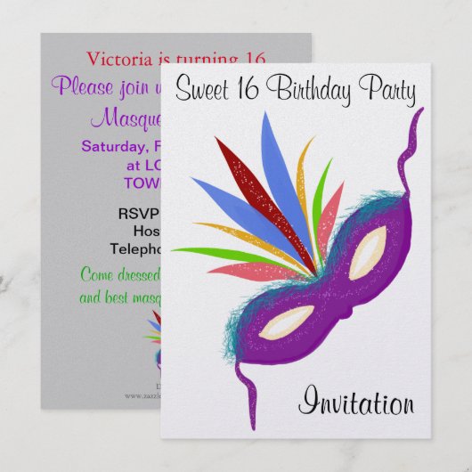 Invitation Sweet 16 Masquerade Ball Purple Party Masque (Devant / Derrière)