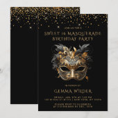 Invitation Sweet 16 Masquerade fête d'anniversaire Black Gold (Devant / Derrière)