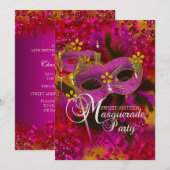 Invitation Sweet 16 Masquerade Florale Or Rose (Devant / Derrière)