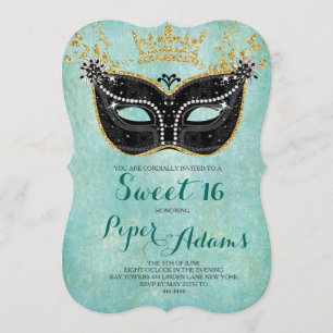 Invitation Sweet 16 Masquerade Parties scintillant or et Aqua