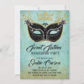 Invitation Sweet 16 Masquerade Parties scintillant or et Aqua (Devant)