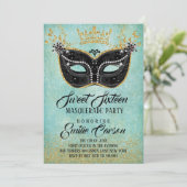 Invitation Sweet 16 Masquerade Parties scintillant or et Aqua (Debout devant)
