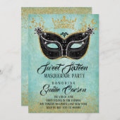 Invitation Sweet 16 Masquerade Parties scintillant or et Aqua (Devant / Derrière)
