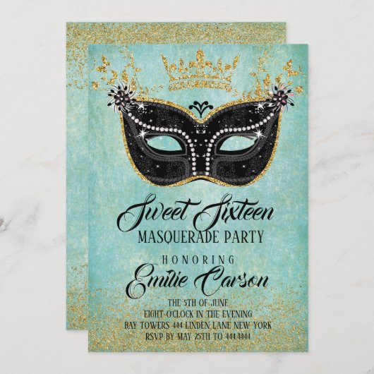 Invitation Sweet 16 Masquerade Parties scintillant or et Aqua (Devant / Derrière)