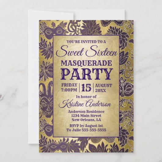 Invitation Sweet 16 Masquerade Party Purple Gold Mask (Devant)