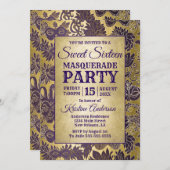 Invitation Sweet 16 Masquerade Party Purple Gold Mask (Devant / Derrière)