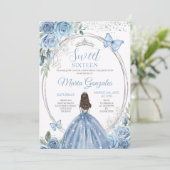 Invitation Sweet 16 Mis Quince Dusty Bleu & Silver Floral (Debout devant)