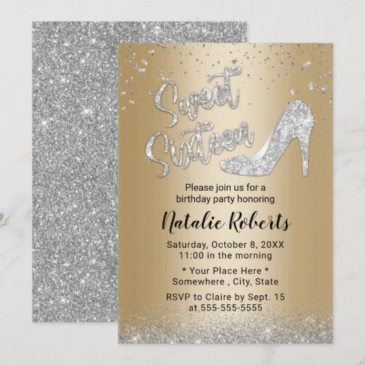 Invitation Sweet 16 Modern Gold & Silver Girl 16e anniversair (Devant / Derrière)
