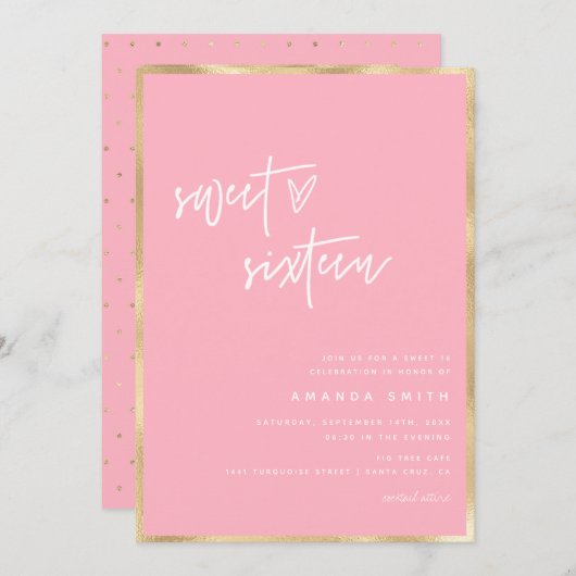 Invitation Sweet 16 Modern Script Gold Blush Pink Anniversair (Devant / Derrière)