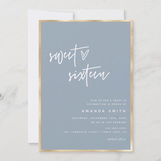 Invitation Sweet 16 Modern Script Gold Dusty Blue Anniversair (Devant)