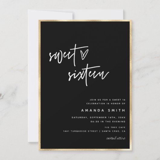 Invitation Sweet 16 Modern Script Gold Foil Noir Anniversaire (Devant)