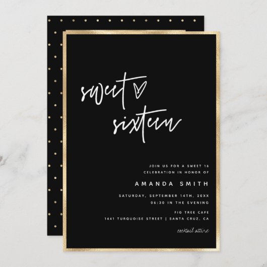 Invitation Sweet 16 Modern Script Gold Foil Noir Anniversaire (Devant / Derrière)