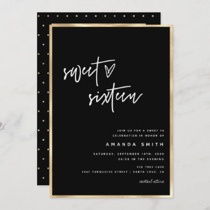 Invitation Sweet 16 Modern Script Gold Foil Noir Anniversaire