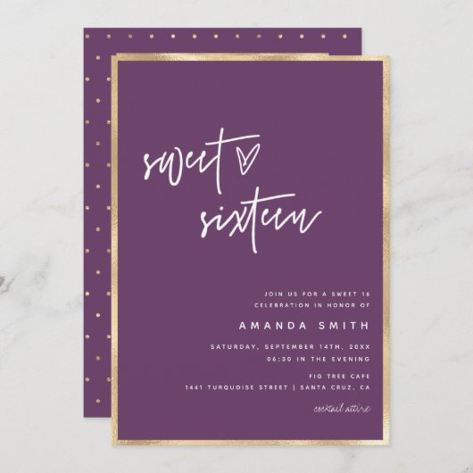 Invitation Sweet 16 Modern Script Gold Foil Purple Anniversai (Devant / Derrière)