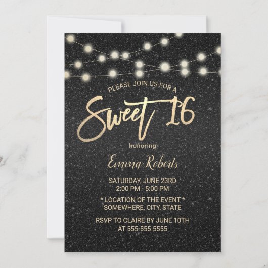Invitation Sweet 16 Moderne Black Faux Parties scintillant Ty (Devant)