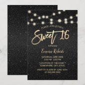 Invitation Sweet 16 Moderne Black Faux Parties scintillant Ty (Devant / Derrière)
